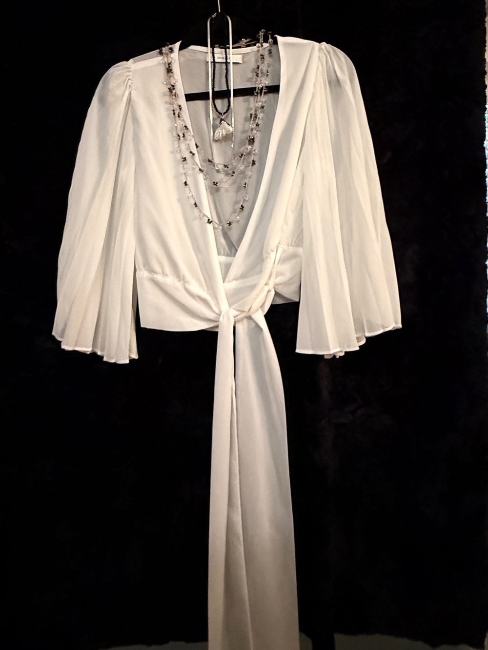 White wrap tie front blouse size S V neck flowy bell sleeve top